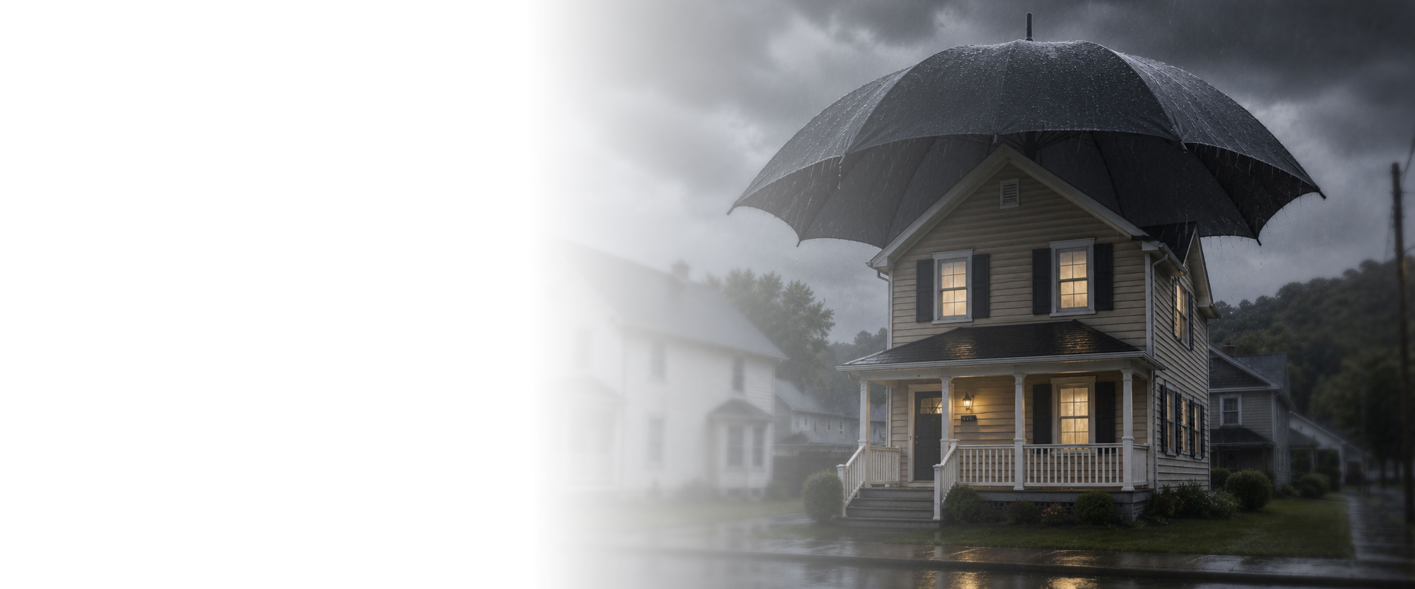 house in the rain with an umbrella on top of it 