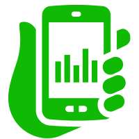Green icon of a hand holding a cell phone that shows an electricity usage graph