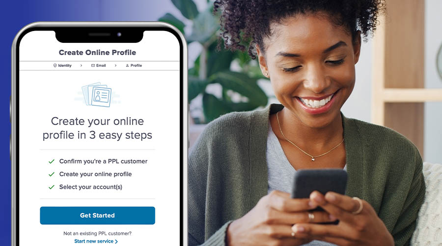 woman smiling while using phone to create an online account