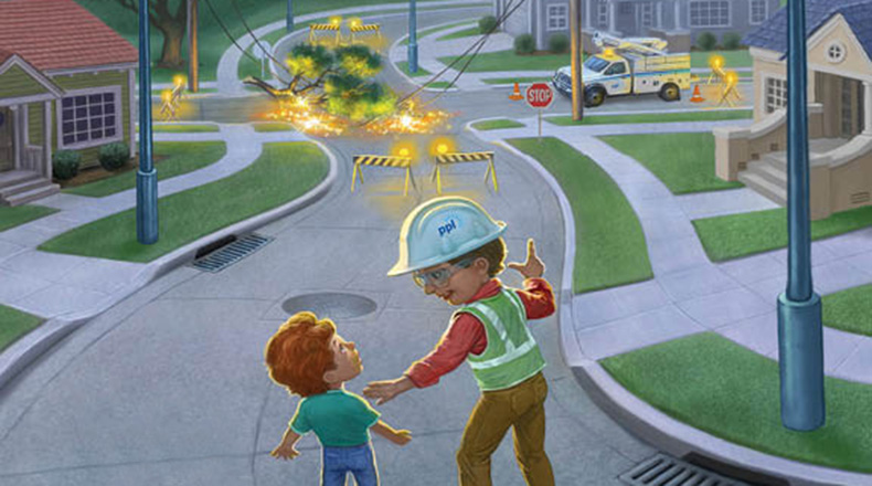 illustration of PPL worker stopping a child from approaching electrical danger